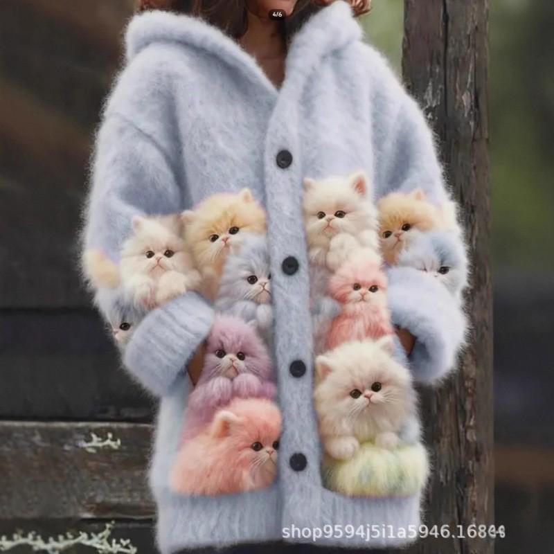 Womens 3D Cat Print Hooded Cardigan Sweater Coat Long Sleeve Thick Casual Outerwear