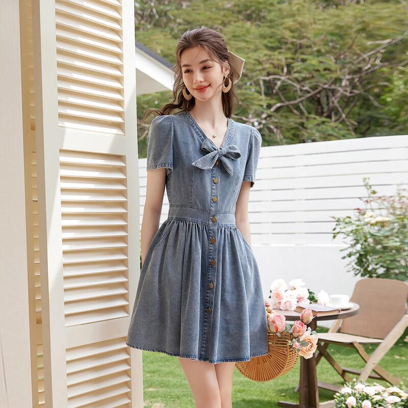 Bailuyu Denim V-Neck A-Line Maxi Dress M