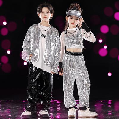 Vêtements Hip-Hop Tendance pour Enfants Hiphop Vêtements de Performance pour le Jour de l'An Scène Cool Vêtements de Performance à Sequins Argentés Garçons et Filles Automne et W