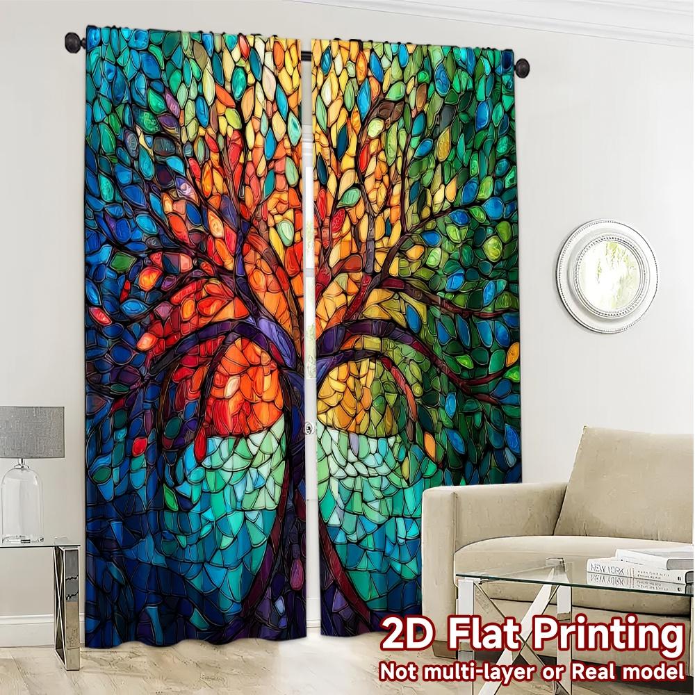 2pcs, 2D FLAT PRINTING Curtains (Without Rod) Colorful Tree Mosaics Popular Curtain Cloth Machine Washable Fabric Curtains