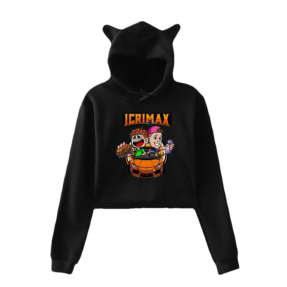 Korean Fashion Icrimax Print Kawaii Crop Top Hoodie Funny Cat Ear Cropped Short Sweatshirt Hooded Pullover Women Tops Streetwear