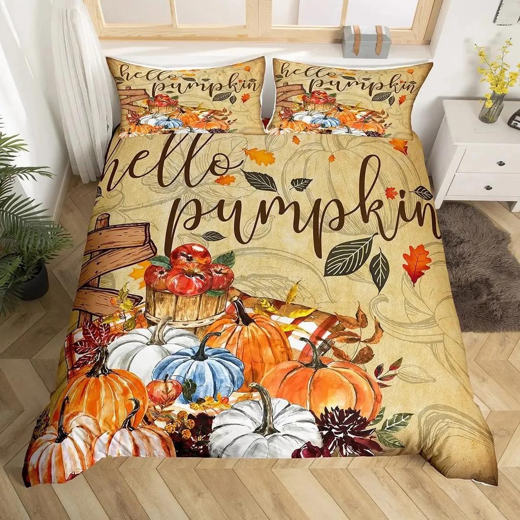 Thanksgiving Pumpkin Duvet Cover Set Maple Leaves Bedding Sets Truck Sunflower Comforter Cover Autumn Harvest Farmhouse Decor