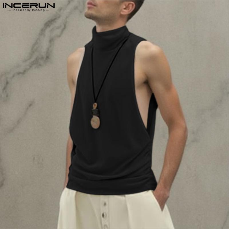 INCERUN Men High Neck Sleeveless Cutout Side Casual Loose Knitted Tank Tops