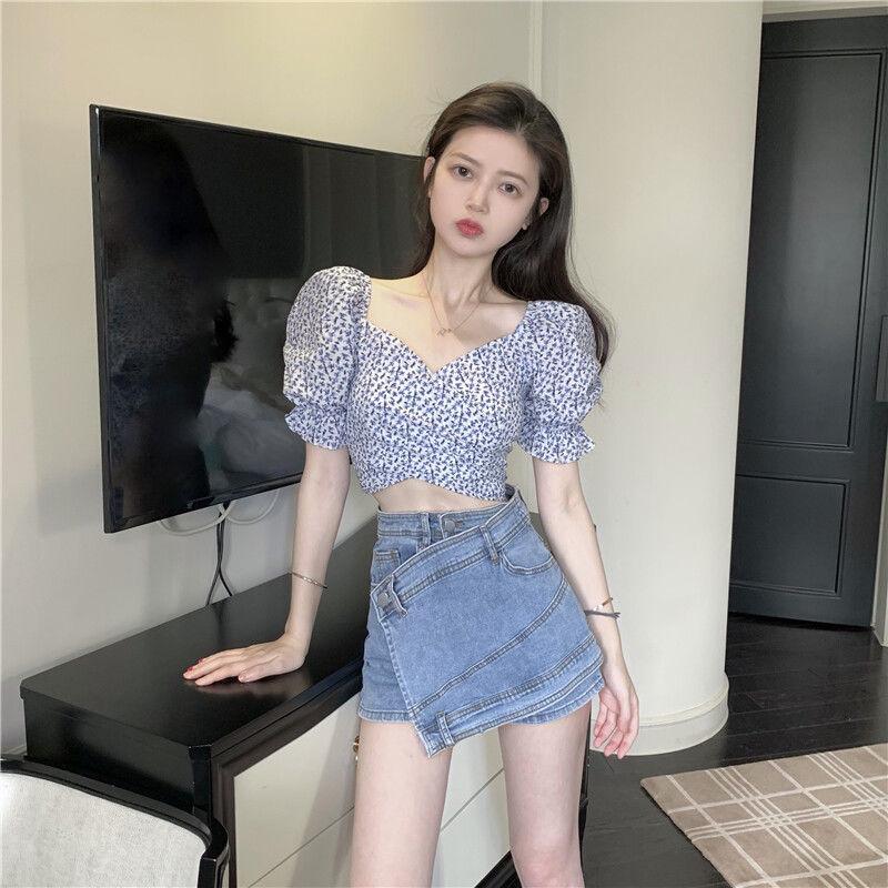 Women's Floral Puff Sleeve Square Collar Top, 2025: Short-sleeved, Lightweight, High Waist—Perfect for Summer.