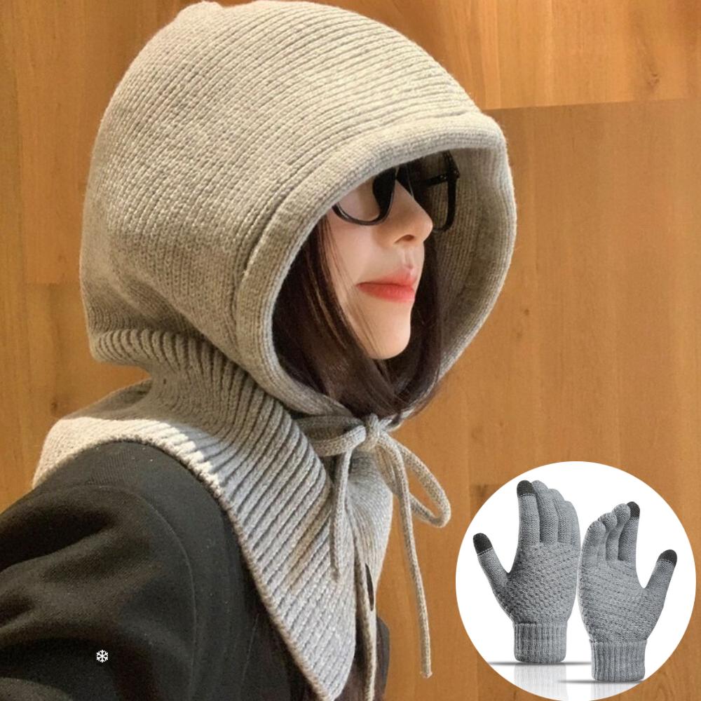 Winter Balaclava Hats Knitted Hooded Caps Women Korean Style Outdoor Warmer Drawstring Hats One-piece Neck Collar Beanies Cap
