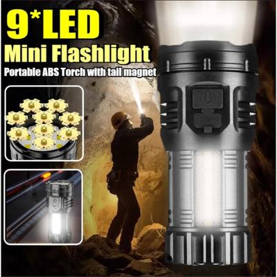 9 LED Mini Flashlight with Side Lights ABS Portable Rechargeable LED Torch  Built-in Battery High Power Lantern 4 Lighting Modes