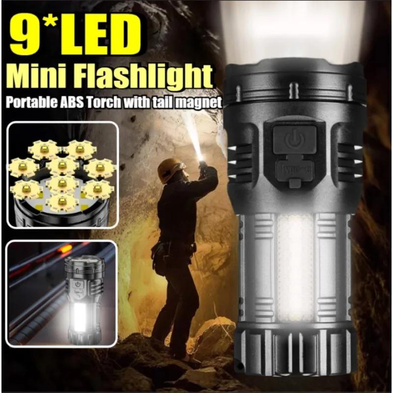 9 LED Mini Flashlight with Side Lights ABS Portable Rechargeable LED Torch Built-in Battery High Power Lantern 4 Lighting Modes