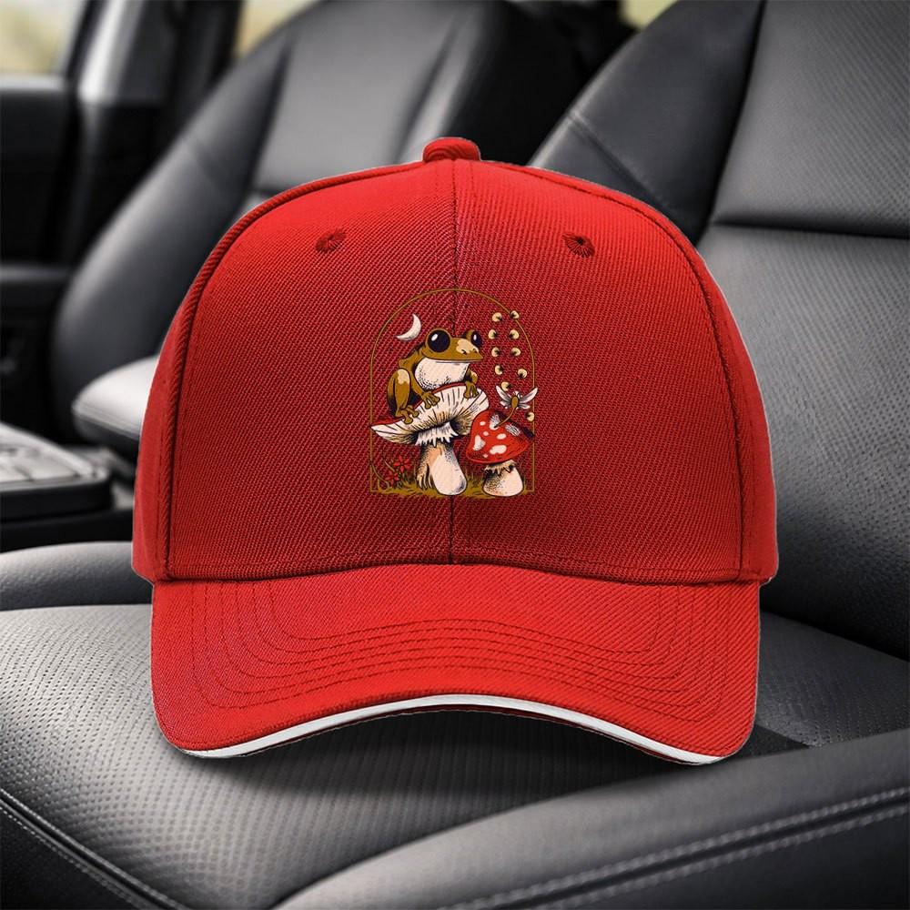 Unisex Adjustable Frog Mushroom Baseball Cap Lightweight Dad Hat Curved Brim Outdoor Casual Wear Hand Washable
