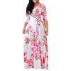 Women's Long Sleeve V Neck Tie Print Long Plus Size Dress