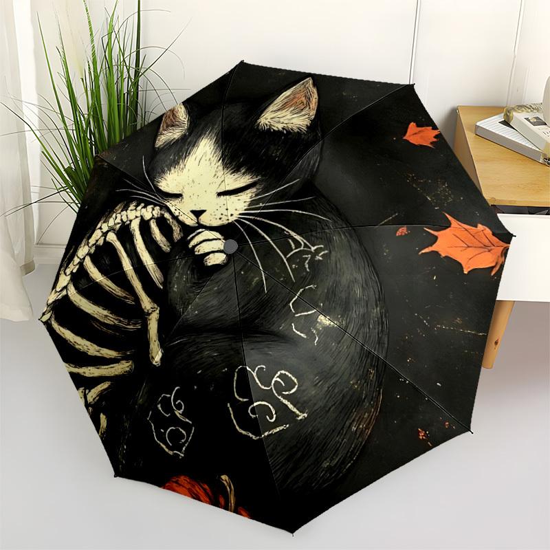 1pc Cat Skeleton Automatic Open/Close Umbrella - Foldable Compact 8-Rib Shaft, Vibrant Skeleton Cat Design with Orange Leaves