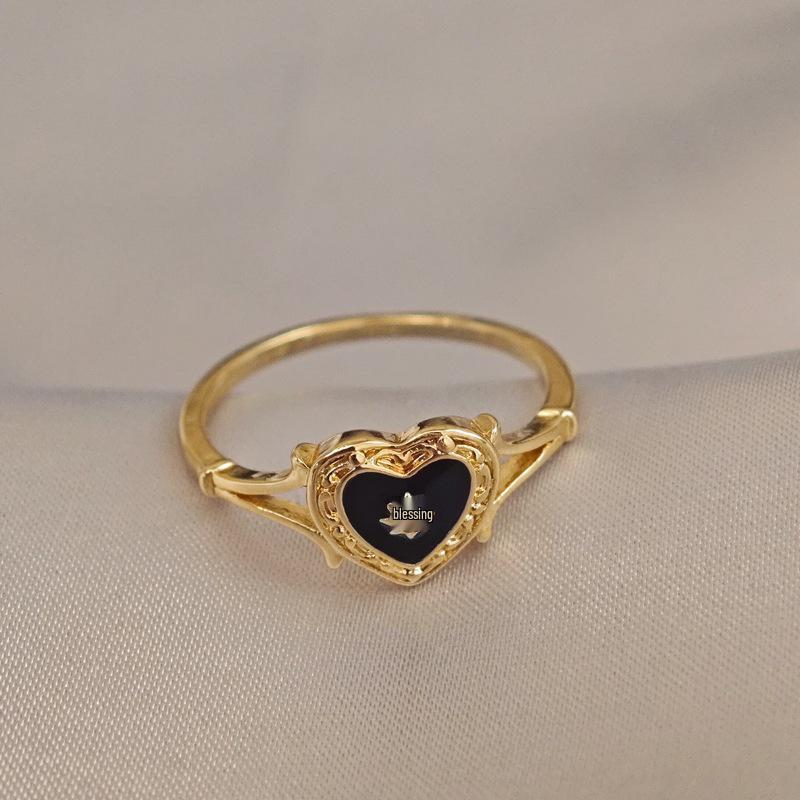 Gold Gothic Black Enamel Heart Ring - Drip Oil Light Luxury Couple Style