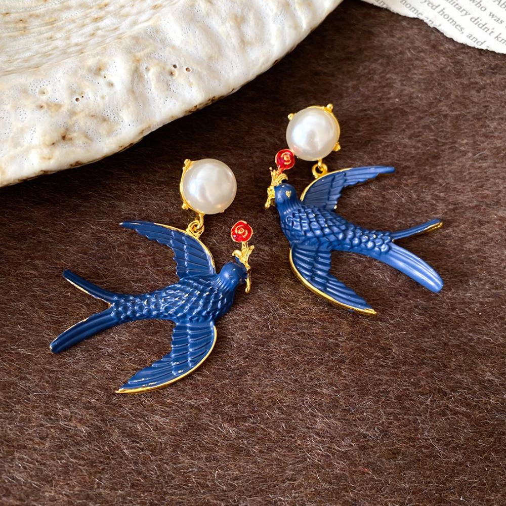 Exquisite Teardrop-shaped Tassels Blue Spray-painted Double Swallows Imitation Pearl Beaded Necklace Earring for Women Jewelry