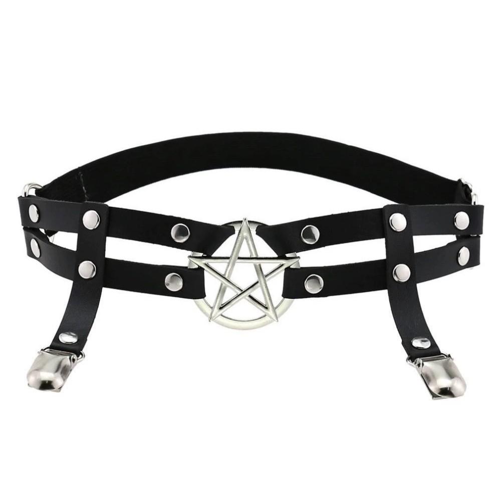 PU Leather Suspender Stockings Clip Punk Garter Belt Cool Pentagram Leg Strap  Cosplay