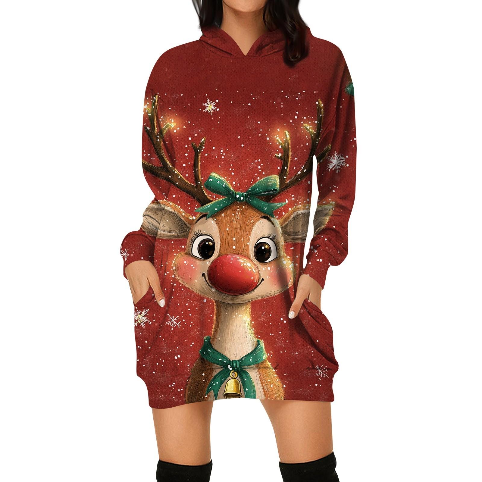 

Женские зимние платья Модные женские рождественские принты Письменный принт Карманы с капюшоном Платье-толстовка XXL винный