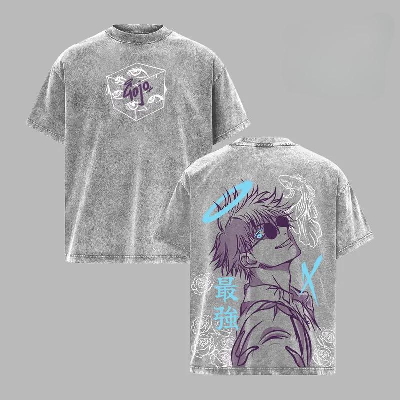 

Футболка с принтом Годжо Сатору Аниме Jujutsu Kaisen Одежда Мужская Женская Хлопковые футболки Ретро Выстиранная футболка Харадзюку Оверсайз Топы XXL серый