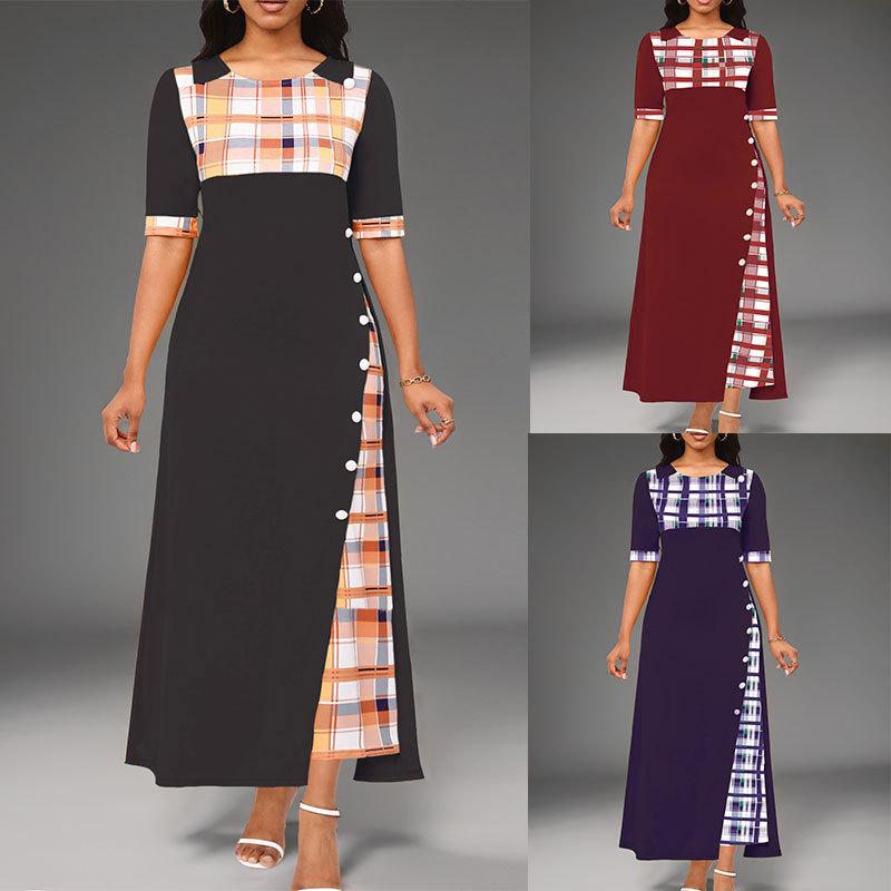 

Color Block Round Neck Mid-Sleeve Irregular Long Dress L жовтий