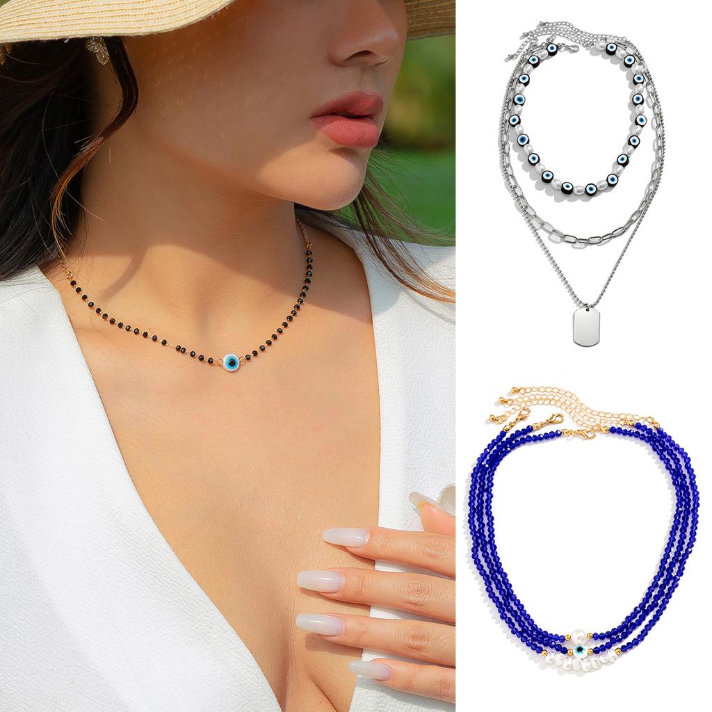Accessories, simple chain fringed pendant necklace, French beaded imitation crystal eye multi-layer necklace