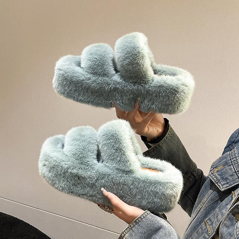 

Взрыв знаменитости в Интернете, пушистые тапочки с толстым дном 7 см, женская одежда 2024 года, новые, усиливающие пушистые домашние хлопковые тапочки 35 небесно-голубой