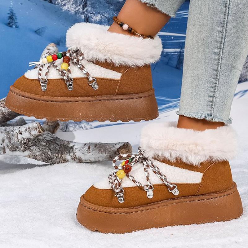 Bohemian Lace Up String Bead Snow Boots Women Winter Soft Faux Fur Warm Ankle Boots Woman Plus Size36-43 Platform Botas Mujer