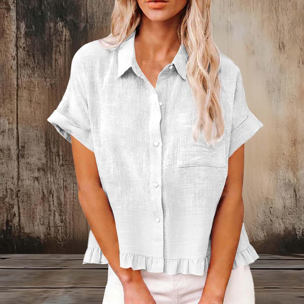 Women's Fashionable Loose-Fit Casual Shirt Button-Up Short-Sleeve Cotton-Linen Blend Top