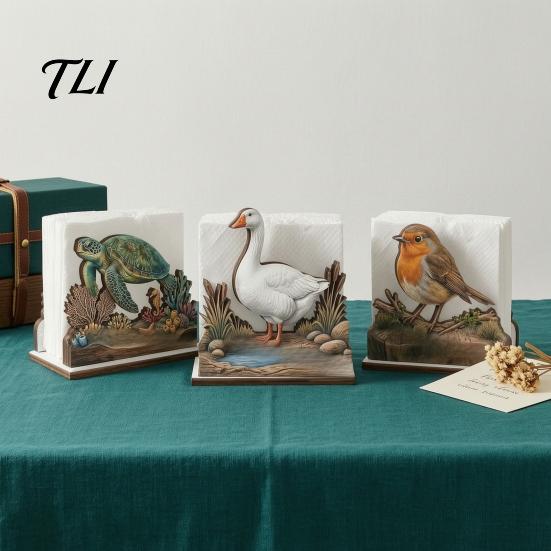 Sturdy Napkin Holder for Home Decor Rustic Wooden Holder, Octopus/Bird/Goose/Turtle/Black Bear/Elephant Pattern, Compact Tissue Stylish Organizer