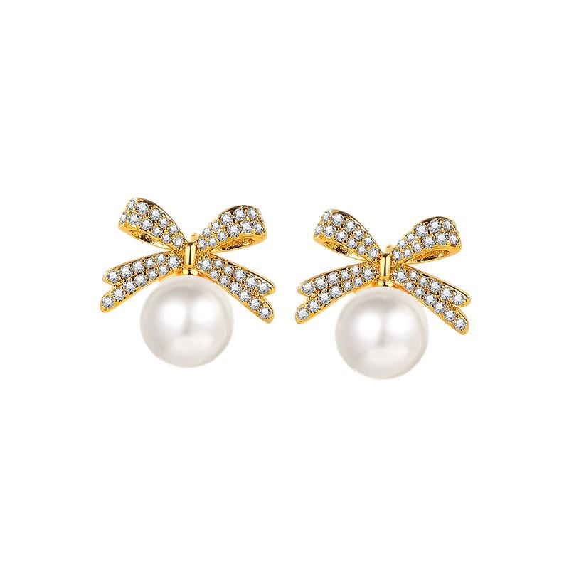 Elegant Micro-inlaid Zircon Bow Pearl Stud Earrings for Women - Versatile and Fashionable Accessories