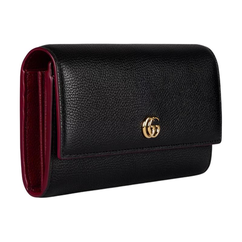 Gucci GG Marmont gold double G hardware snap closure cow leather wallet women's black with red