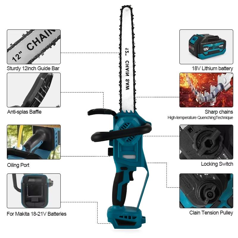 12-inch Cordless Blue Electric Chainsaw 600W Handheld Brushless Woodworking Chainsaw Power Tool For Makita 18V Battery