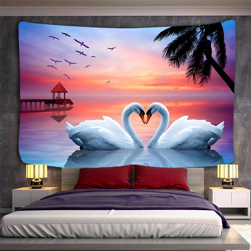 Swans Couples Tapestry Animals Birds Tapestry Romantic Aesthetic Love Tapestry Wall Hanging for Bedroom Living Room Dorm Decor