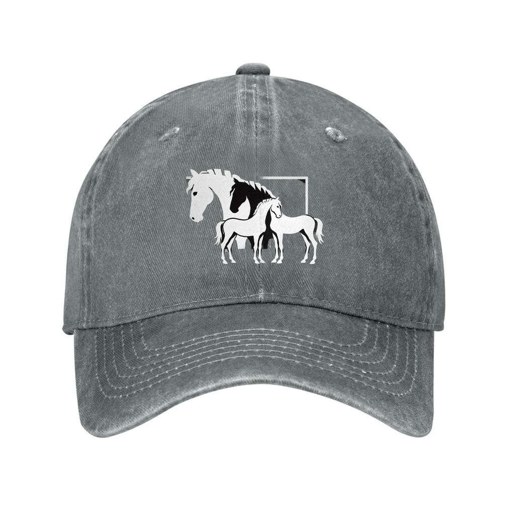 Horse Family Print Denim Baseball Cap Adjustable Washed Cotton Dad Hat Casual
