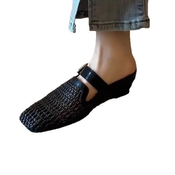 Edition~ Summer new 5cm vacation style woven wedge heel shoes belt buckle breathable bag head outer slippers