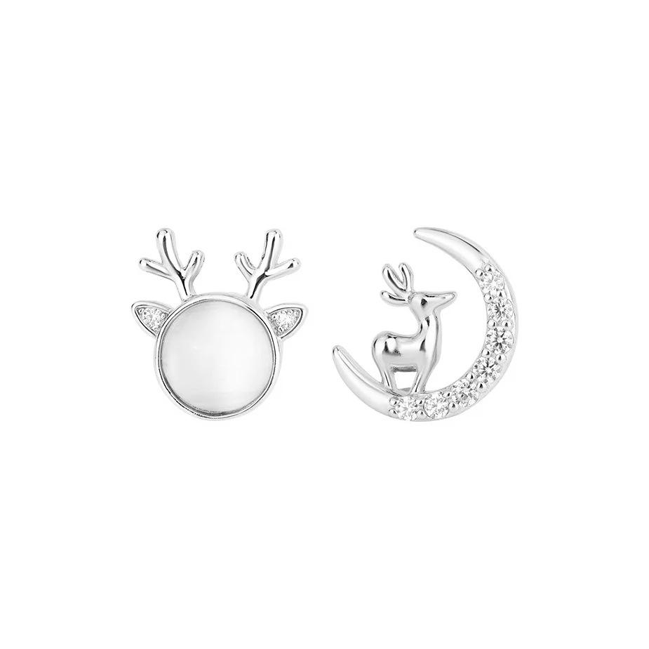 Pure Silver Korean Minimalist Antler Stud Earrings - Sweet Moonlight Reindeer Christmas Design