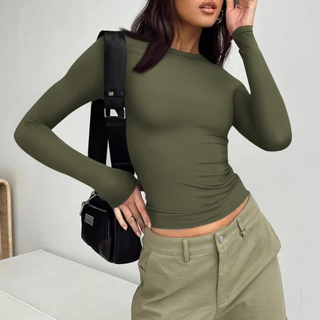 Women's Fashion Solid Colour Round Neck Long Sleeve T-Shirt Top