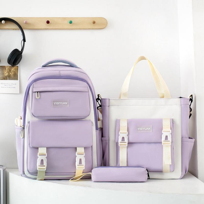 School bag large capacity lightweight junior high school student school bag women's new high value three-piece set backpack contrasting color