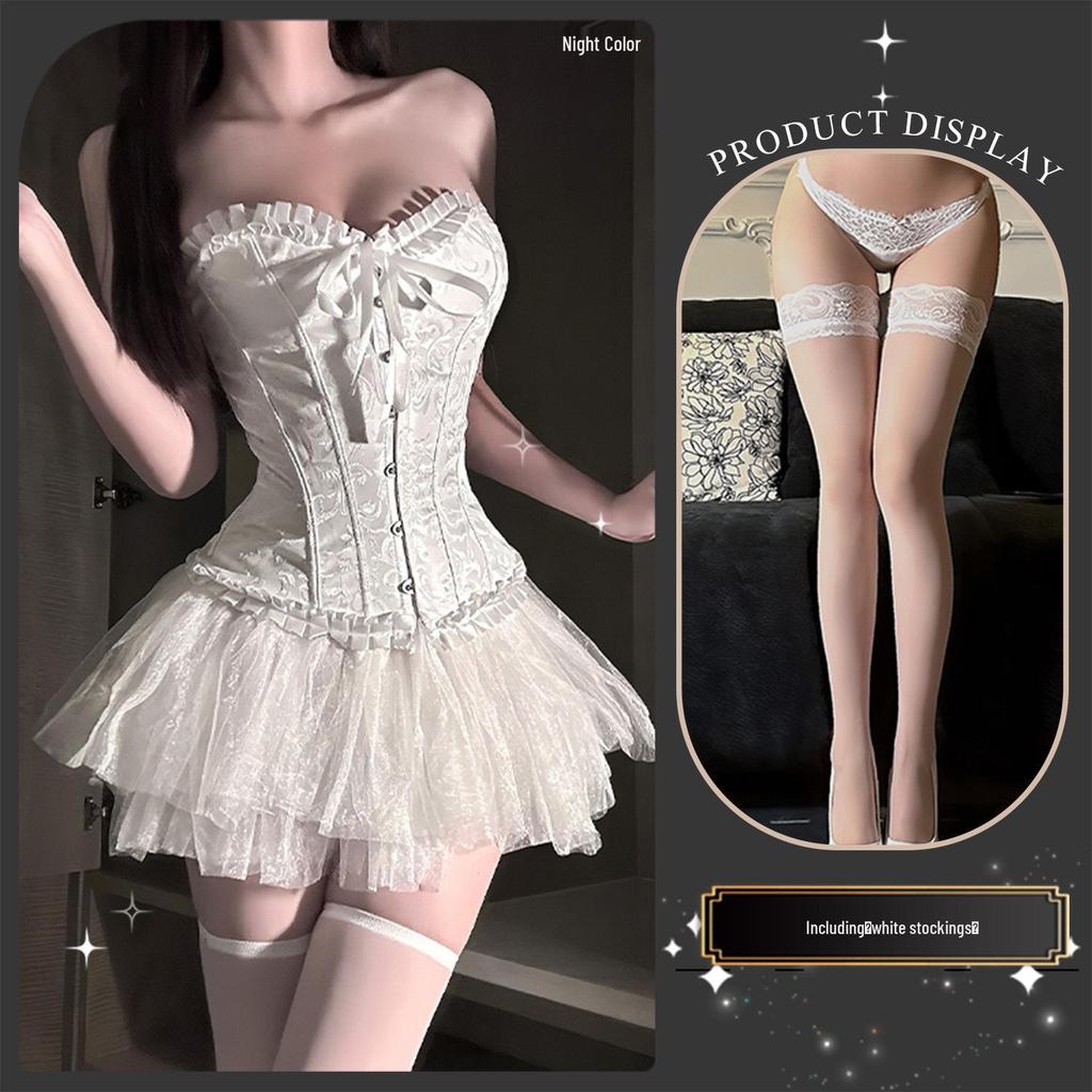 Golden Night Fairy Lingerie: Sexy Transparent Strapless Bustier with Slimming Lace-up Corset and Puffy Skirt