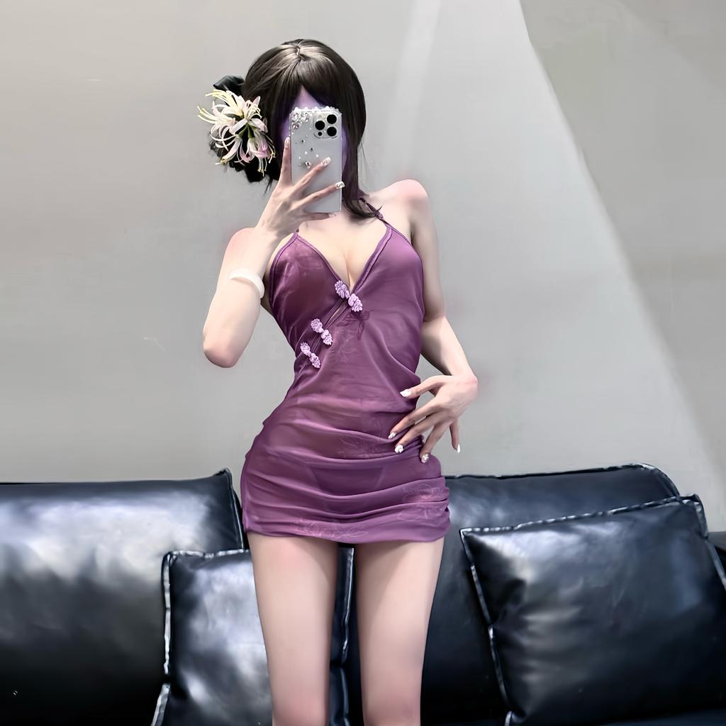 Sex Clothes Sexy Antique Purple Cheongsam Perspective Hip-wrapped Lace-up Uniform Free Bed Fast Break