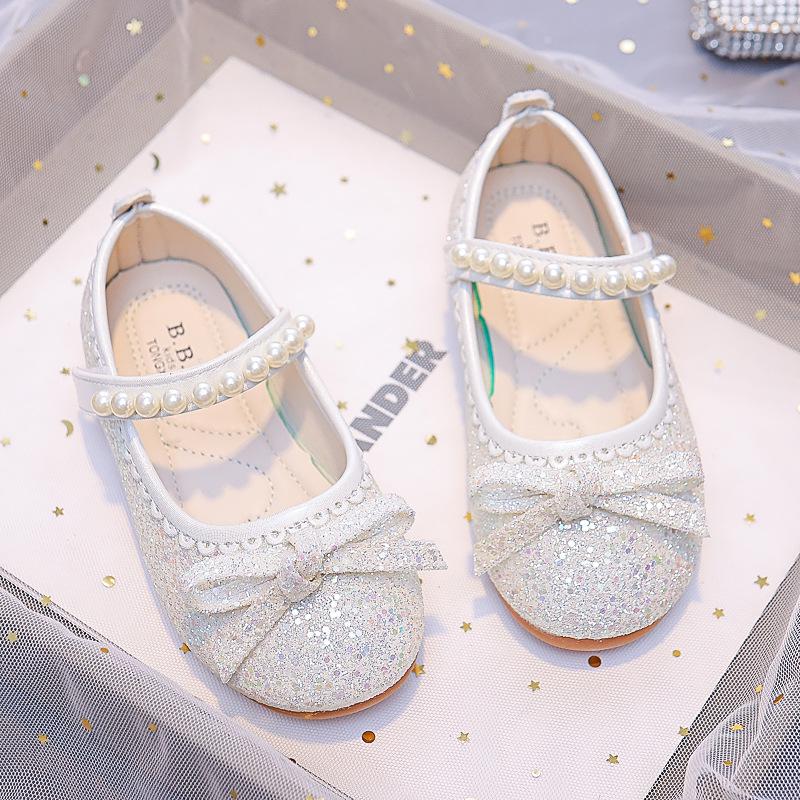 Girls' Sequin Bow Flats - 2025 Spring, Soft Sole Leather Pearl Shoes