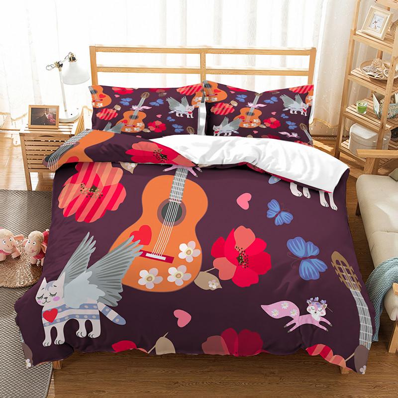 Cat Flowers King Queen Duvet Cover Cartoon Kitty Floral Bedding Set For Kids Lovely Animals Black 2/3pcs Polyester Quilt Cover
