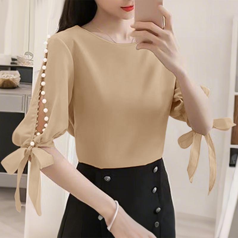 

ZANZEA Женская повседневная блузка с круглым вырезом, рукавами 3/4 и свободного кроя 4XL хаки