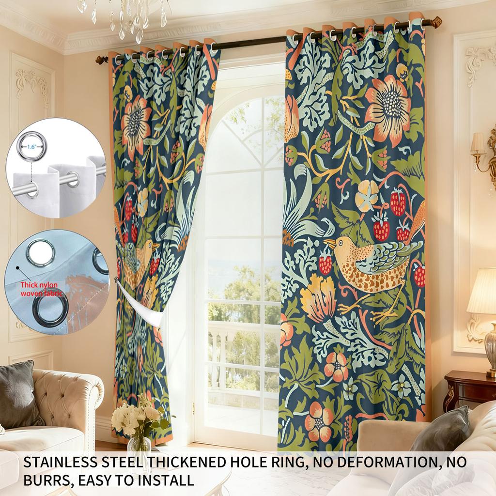 2pcs Retro Beautiful Pattern Printed Perforated Blackout Curtains Multiple Sizes Living Room And Bedroom Insulation Decoration