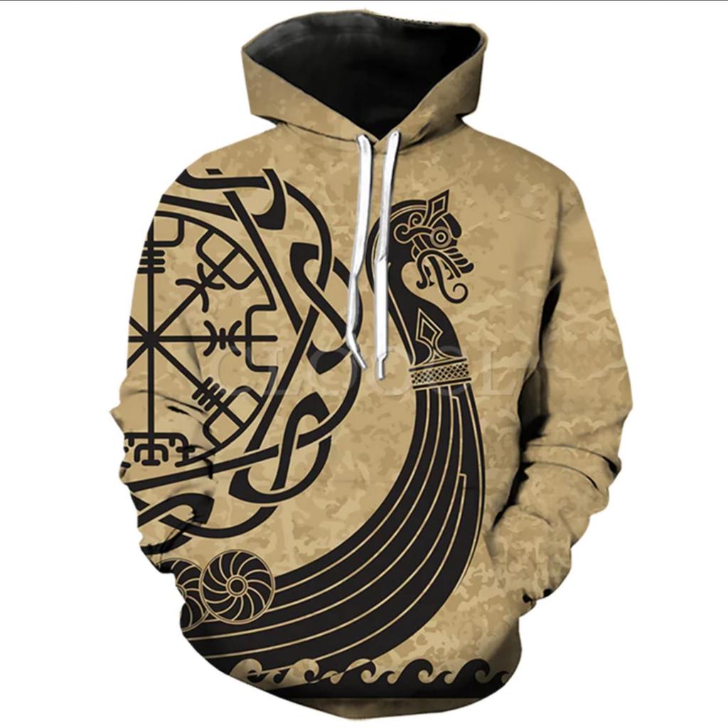2026 Hoodie Viking Harajuku Print Pullover Men's Hooded Sweatshirt Oversized Vintage Male Clothing Fall Long Sleeve