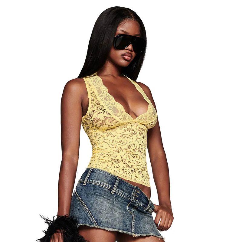 Elsa European and American Women clothes Spring and Summer New Fashion Sexy Gyaru Pure Desire Lace V-neck Lace Sleeveless Top Vest