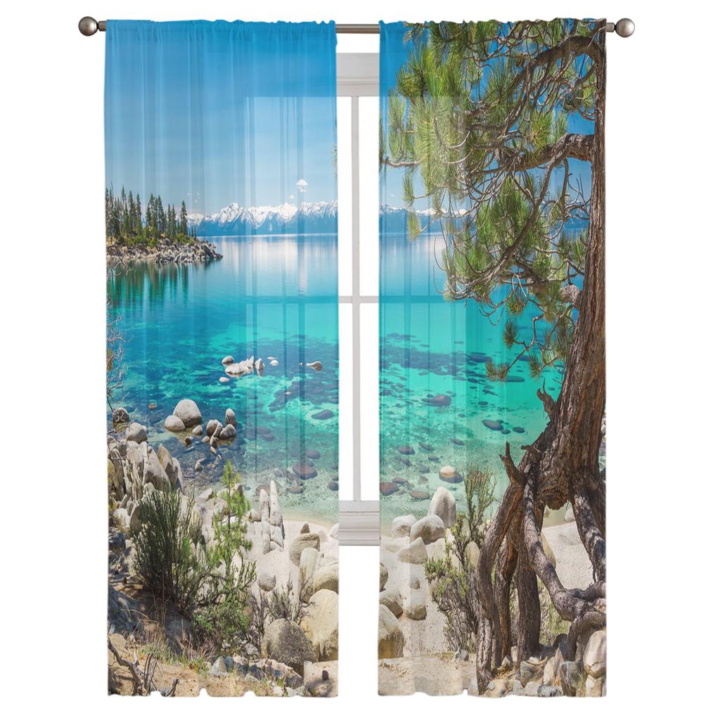 Beach Sea Water Trees Landscape Tulle Curtains For Living Room Decoration Modern Chiffon Sheer Voile Kitchen Curtain