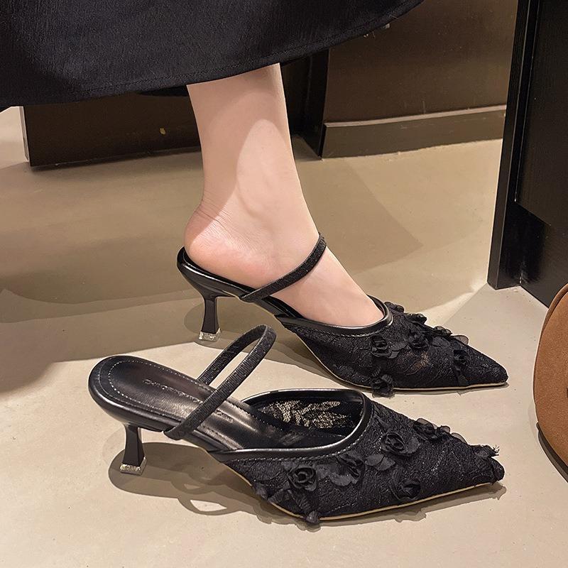 

Temperament pointed head gentle high heel slippers women s new fashion bag head half drag thin heel cool slippers women 41 чёрный