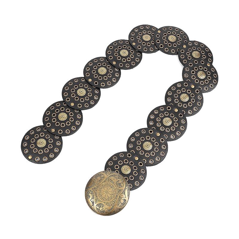Curea Boho Disc Lată Femei Vintage Piele Pu Hollow Western Cowboy Cataramă metalică Curele cu lanț Curele rotunde exagerate