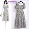 Women's Floral Dress - New Summer Style, Elegant Fit, Retro French Square Collar, Slim Waist, Slit Skirt Trend