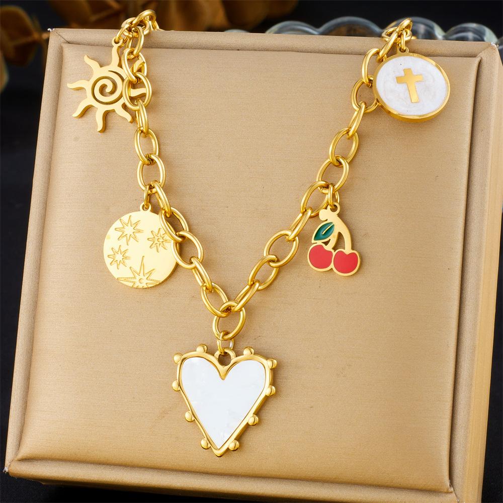 Vintage Multi Element Heart Bow Shell Cherry Cross Eye Chain Necklace