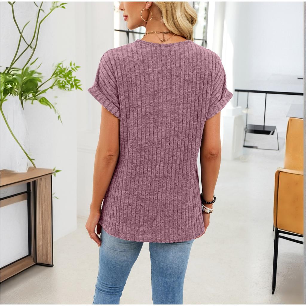 Summer Spring Women's Solid Color V-neck Button Short Sleeve Casual Knit T-shirt