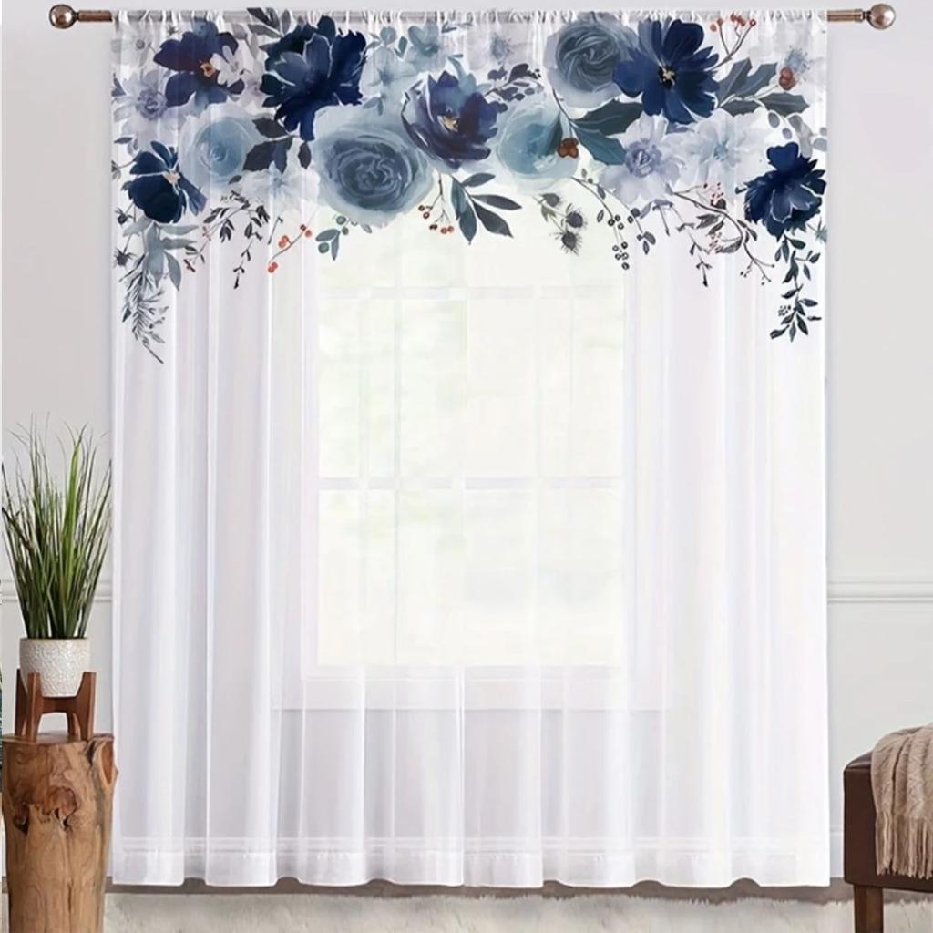 1PC Navy Blue Watercolor Floral Sheer Curtains - Elegant Flower Valance Print Window Drapes for Bedroom Living Room Decor