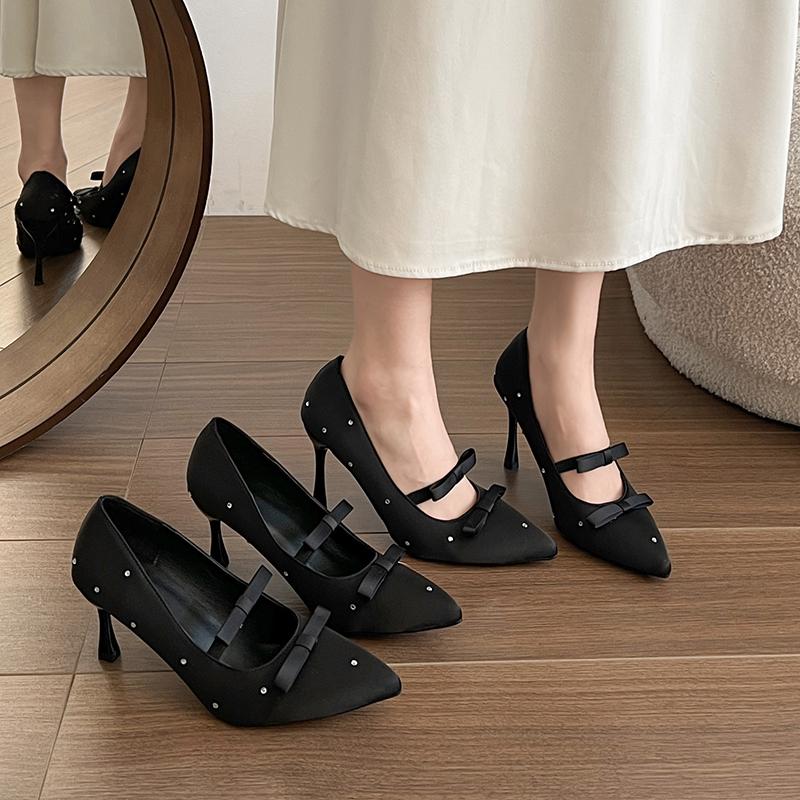 Fashion Bow Pointed Toe High Heels Women Spring and Summer New Stiletto Rhinestone Mary Jane Temperament Polka Dot Single Shoes